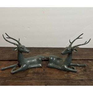 2 Reindeer Deer Figurines  Laying Down Horns Green Plastic Rare Mid Century Vtg